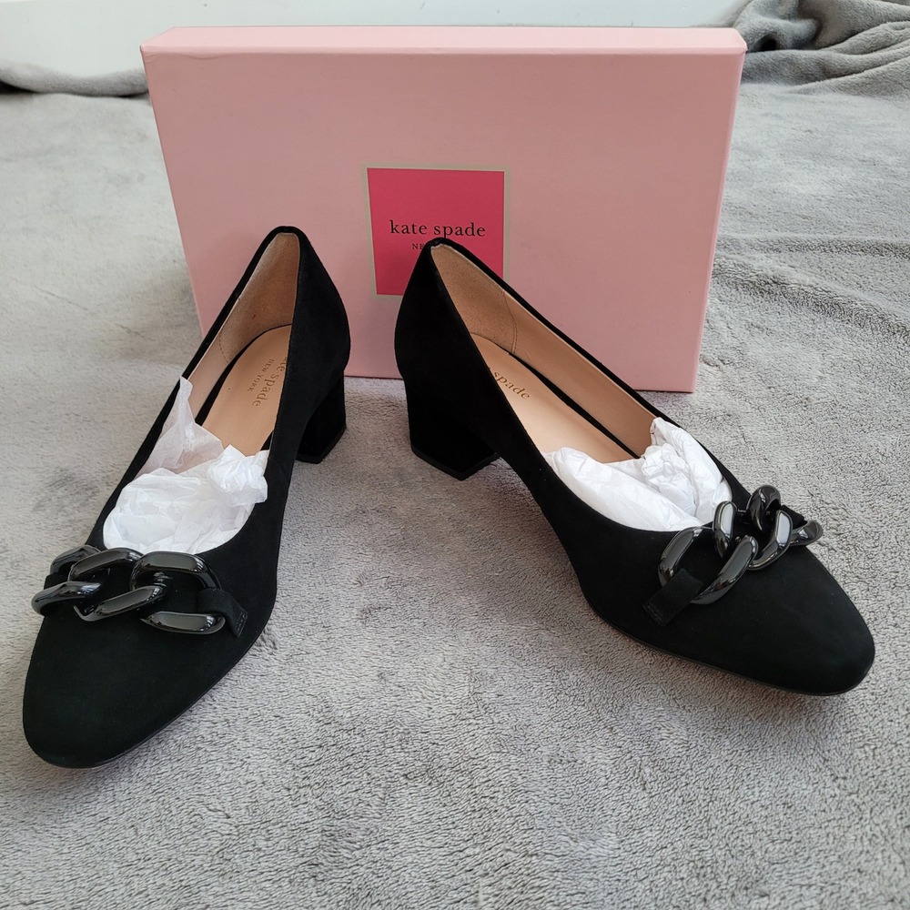 New in box Kate Spade kacey black suede‎ pumps block heel chain detail chic 8 B